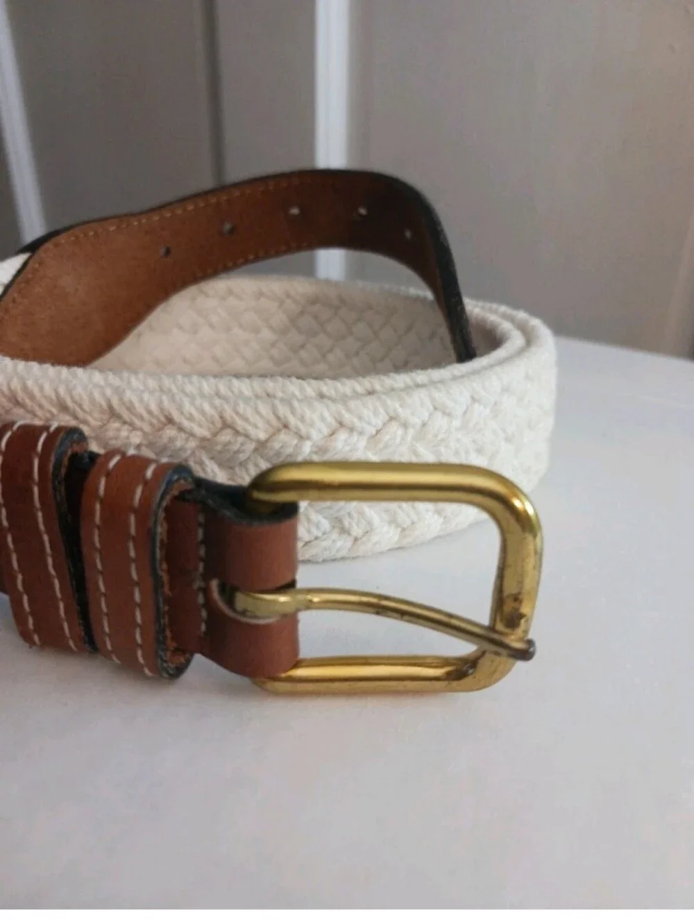 Vtg Dockers Woven Canvas White Belt , Brass Buckle Sz 38 #2321 Made In USA